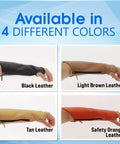 Genuine Cowhide Leather Arm Sleeves And Extended Elbow Guards Shield Thin Skin From Rough Scratches Bruises And Burns With Hella Comfortable Form Fitting Design In Classic Black For Heavy Work shown in four colors including black, light brown, tan, and safety orange.