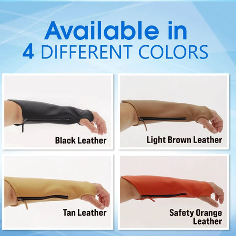 Genuine Cowhide Leather Arm Sleeves And Extended Elbow Guards Shield Thin Skin From Rough Scratches Bruises And Burns With Hella Comfortable Form Fitting Design In Classic Black For Heavy Work shown in four colors including black, light brown, tan, and safety orange.