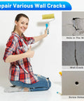 Woman giving thumbs up beside wall cracks and repair tools for Eight Piece Four Inch Aluminum Drywall Patch Kit With Heavy Duty Wall Hole Patches Scraper And Sandpaper Included For Quick Crack And Large Hole Repairs
