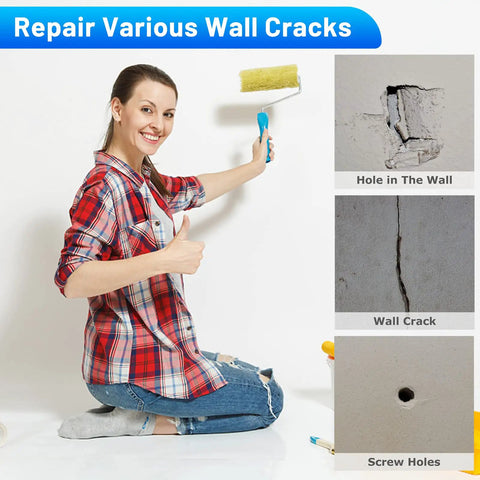 Woman giving thumbs up beside wall cracks and repair tools for Eight Piece Four Inch Aluminum Drywall Patch Kit With Heavy Duty Wall Hole Patches Scraper And Sandpaper Included For Quick Crack And Large Hole Repairs