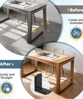 Before and after comparison of desk stabilization using Beefy Heavy Duty 3x3x1.2 Inch L Bracket Set 90 Degree Corner Braces.