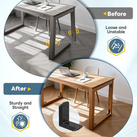 Before and after comparison of desk stabilization using Beefy Heavy Duty 3x3x1.2 Inch L Bracket Set 90 Degree Corner Braces.