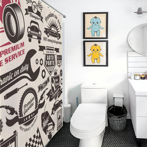 Garage Shower Curtain For Bathroom With Car Themed Retro Vintage Man Cave Style, Waterproof Fabric Curtain Set With Hooks, 72x72 Inches, Durable For Garage Tools Shed, Teen Boys Room Or Workshop, Easy To Install And Clean displayed in a modern bathroom