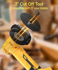 Tough As Nails Compact Three Inch Brushless Circular Saw Slides Right On To Your DeWalt 20 Volt Battery showing 3" cut off tool close-up.