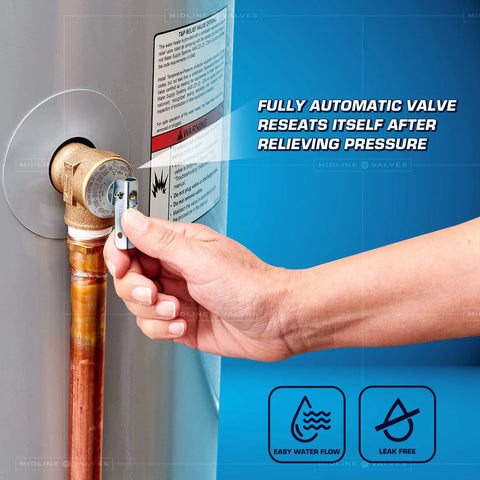 Pressure relief valve for tankless water heater; forged brass, 3/4 in FIP x MIP, installed on copper piping.