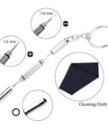 Complete Eyeglass Repair Kit Featuring 1500 Micro Screws And Nose Pads For Glasses Sunglasses And Prescription Frames shows a precision screwdriver with cleaning cloth.