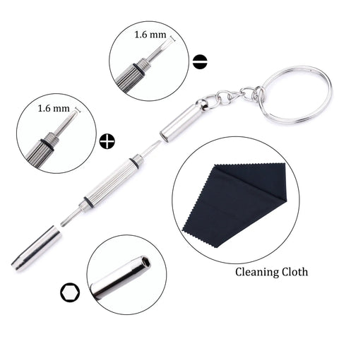Complete Eyeglass Repair Kit Featuring 1500 Micro Screws And Nose Pads For Glasses Sunglasses And Prescription Frames shows a precision screwdriver with cleaning cloth.