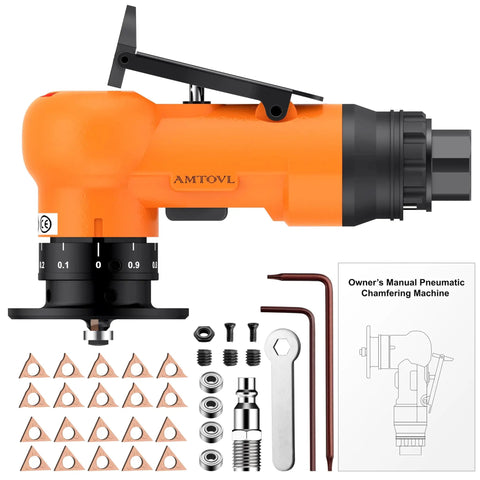 Mini Pneumatic Chamfer Tool Set with twenty blades, ten C angles, and ten R angles, for metal and wood, orange tool and accessories.