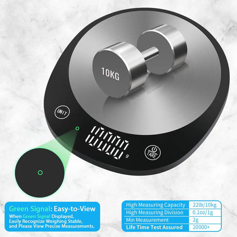 Uber Precise 22 Pound Digital Food Scale With Grams And Ounces In 1G Increments LED Display Includes 3 AAA Batteries For Cooking And Baking High Precision Kitchen Scale For Accurate Ingredient Measuring showing 10kg weight on steel platform