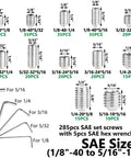 SAE sizes from 1/8 inch to 5/16 inch in the 710 Piece Beefy Stainless Steel Set Screw Kit Metric And SAE With Hex Socket Cup Point Screws.