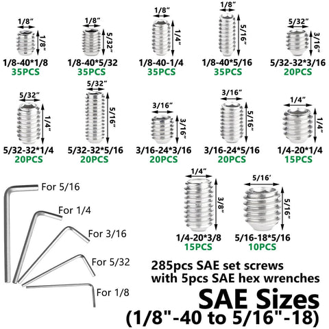 SAE sizes from 1/8 inch to 5/16 inch in the 710 Piece Beefy Stainless Steel Set Screw Kit Metric And SAE With Hex Socket Cup Point Screws.