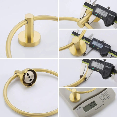 Collage of Brushed Gold Towel Ring For Bathroom, Round Wall Mount Hand Towel Holder, detailing measurements.