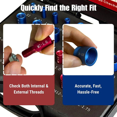 Two hands using the 55-Piece Nut And Bolt Thread Checker Kit With 30 SAE And 25 Metric Sizes Aluminum Thread Gauge For Quick Size ID Gear For Auto Repair Mechanics M11 Threads to check thread sizes on bolts and nuts.
