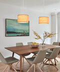 2 Pack Plug In Pendant Lights With 15Ft Clear Cord Toggle Switch Beige Linen Shade Modern Hanging Lamp in dining area