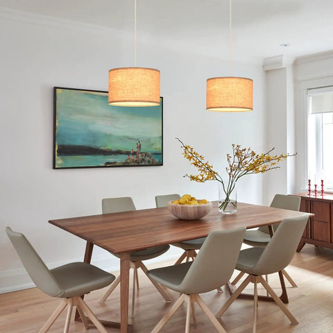 2 Pack Plug In Pendant Lights With 15Ft Clear Cord Toggle Switch Beige Linen Shade Modern Hanging Lamp in dining area