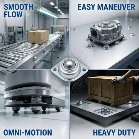 20 Pcs Carbon Steel Ball Transfer Units set screw mounted roller ball bearings for conveyor systems in action.