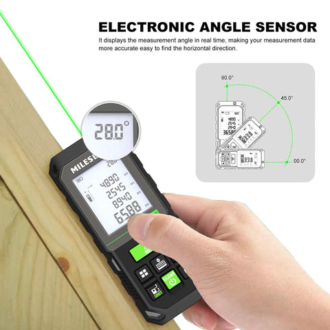 130ft Laser Distance Meter With Dual Bubble Levels in hand showing 280° angle on 2 inch backlit LCD display.