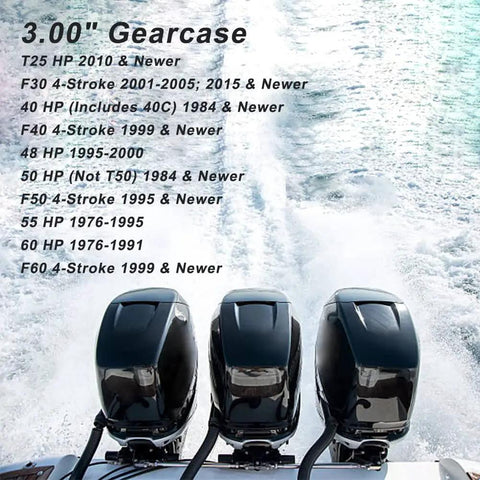 Three black outboard motors on a boat with specifications for Yamaha models on top of ocean background.