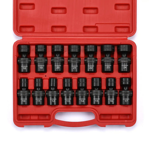 Fifteen Piece One Half Inch Drive Universal Impact Socket Set 6 Point Metric Ten To Twenty Four Millimeter, flex case