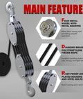 Heavy Duty Rope Hoist With Pulley Block And Tackle 4400Lb Capacity 65ft 8 To 1 Lifting features metal bearings and rust-proof housing