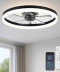 Smooth Breeze 20 Inch Ceiling Fan With Light And Remote Low Profile Flush Mount Dimmable Fandelier in black with remote and app control.