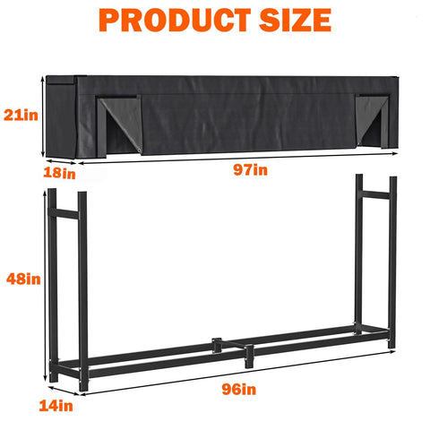 Dimensions of 8 Foot Heavy Duty Firewood Rack With Waterproof Cover Freestanding Wood Log Holders For Indoor And Outdoor Use Built To Last Rugged Steel Frame Weatherproof Storage For All Seasons