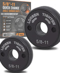 Quick Change Angle Grinder Nuts Five Eight Eleven Thread Spindle Lock Self Locking Two Pack with black finish and threaded center.