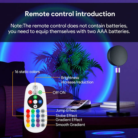 Sunset Lamp with Remote, 16 RGB Colors, showcasing remote features and lamp setup on table for versatile lighting.