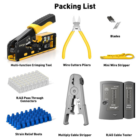 All In One Ethernet Crimping Tool Kit With Pass Through RJ45 Crimper Cable Tester Wire Cutters Pliers Network Cable Stripper Mini Stripper And 50 Cat6 Pass Through Connectors With Strain Relief Boots For Cat7 Cat6 Cat5 Networks