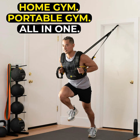 Man using All-In-One Suspension Training System For Home Workouts And Full-Body HIIT with indoor anchor in a home gym.