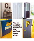 Various angles of Two Pack Clear Door Hinge Protectors Baby Finger Pinch Guards on doors in different decor styles.