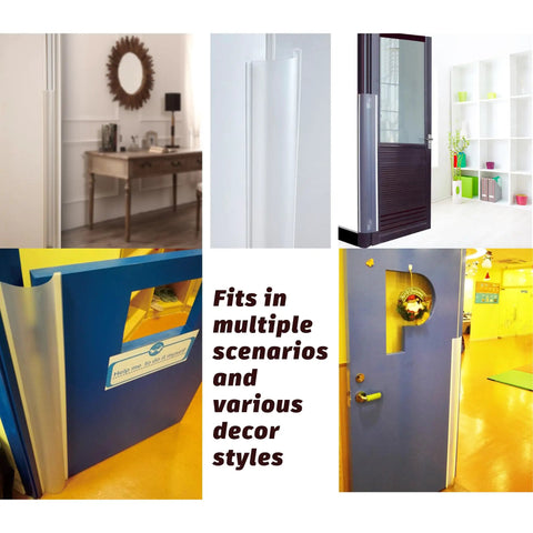 Various angles of Two Pack Clear Door Hinge Protectors Baby Finger Pinch Guards on doors in different decor styles.