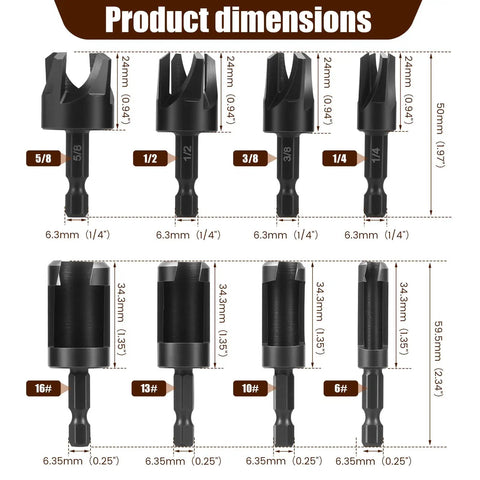 Top Notch Eight Piece Wood Plug Cutter Drill Bit Set Made From Tough Carbon Steel Packs 1/4 3/8 1/2 And 5/8 Inch with dimensions
