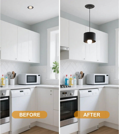 Sleek Recessed To Pendant Converter Kit Turns Six Inch Can Lights Into Chic Hanging Fixtures Featuring A Gimmie E26 Socket And Fresh Black Ceiling Plate For A Quick No Sweat Makeover