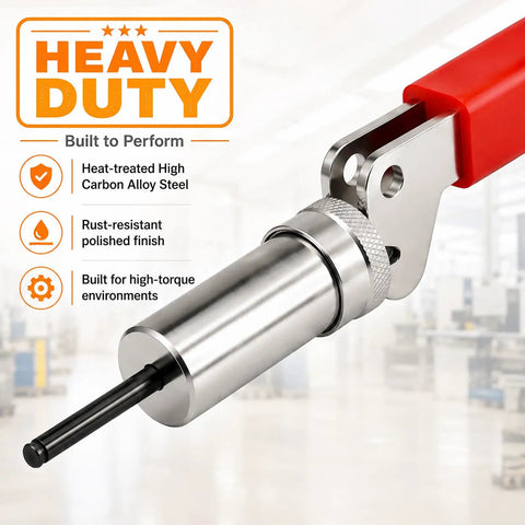 Close-up of Heavy Duty Plunger Tool Optimized Specifically For Number Six Barrel Fasteners With Rock Solid Zero Point One Five Eight Inch Opening And Premium High Carbon Steel Structure Featuring Slip Free Handle.