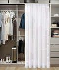 Airy Sheer Door Curtain Panel 25 By 72 Inches White Linen Look Voile in a closet setting with rods and storage.