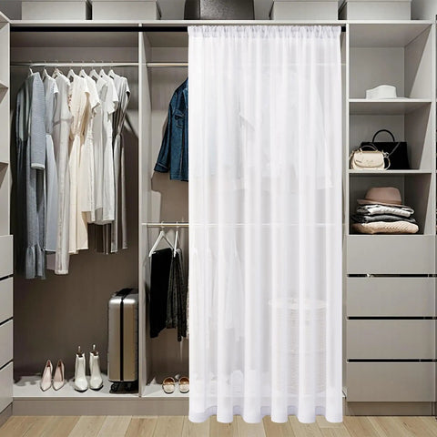 Airy Sheer Door Curtain Panel 25 By 72 Inches White Linen Look Voile in a closet setting with rods and storage.