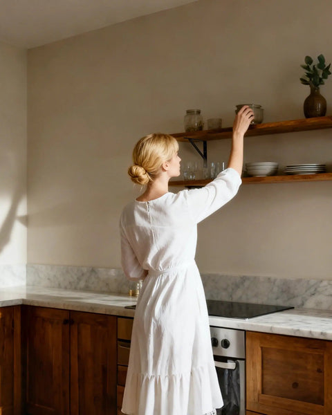 Woman reaching for an item on a wooden shelf supported by a Beefy 12 Inch by 8 Inch Heavy Duty Shelf Brackets 600 Lb Per Pair, in a kitchen.