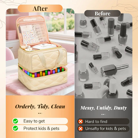 Before and after comparison of nail polish storage, shows Two Layer Nail Polish Organizer Case That Holds 42 Plus 15ml Bottles, beige.