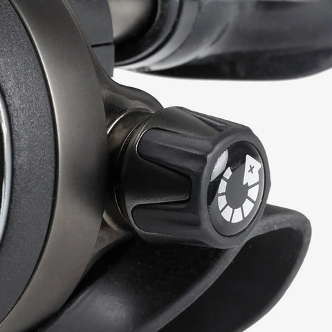 Close-up of Epic ADJ 82X scuba regulator set's control knob, featuring pneumatically balanced first stage and AST technology.
