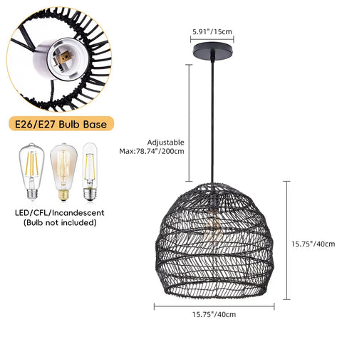 One Light Rattan Woven Pendant Lamp In Black Finish Handmade Hanging Lampshade For Kitchen Island Bedroom Dining Room