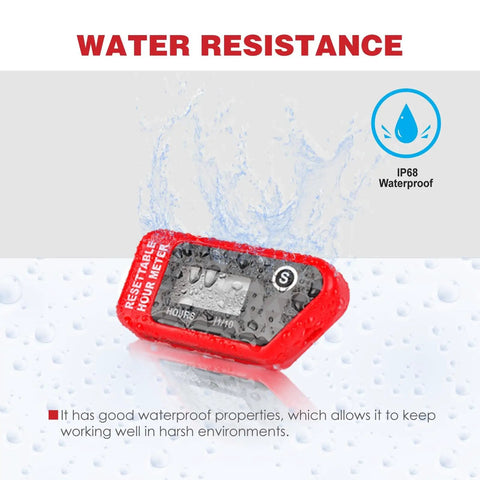 Hour Meter With Maintenance Reminder And Data Storage For Lawn Mower Chainsaw Dirt Bike Motorcycle And Marine Equipment Automatically Tracks Total Run Time When Spark Plug Signals Wake It Up And Lets You Reset The Timer, IP68 red waterproof unit