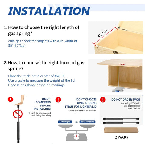 Installation guide for Two Pack 15 Inch Gas Struts Lift Supports 67 Lb 300 N, showing measurement methods for lids.