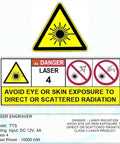 Front view of Twotrees TTS laser engraver label with model TTS, 12V 4A input and 10000 mW laser power