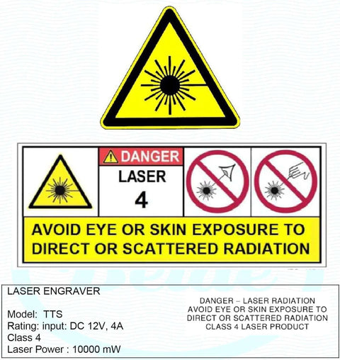 Front view of Twotrees TTS laser engraver label with model TTS, 12V 4A input and 10000 mW laser power