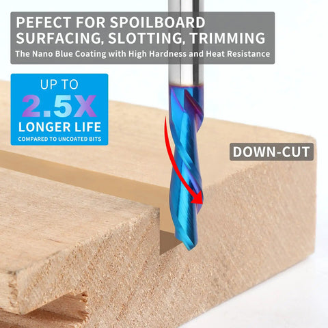 Five Piece Downcut Spiral Router Bits With One Quarter Inch Shank And One Quarter Inch Cutting Diameter Solid Carbide Top Shelf Nano Blue Coating For Wood Cutting And Carving On CNC Routers, showing bit cutting wood.