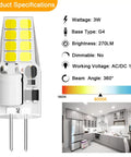 G4 LED Bulb 3W JC Bi-Pin, 12V ACDC Daylight White 6000K with specifications and kitchen lighting example