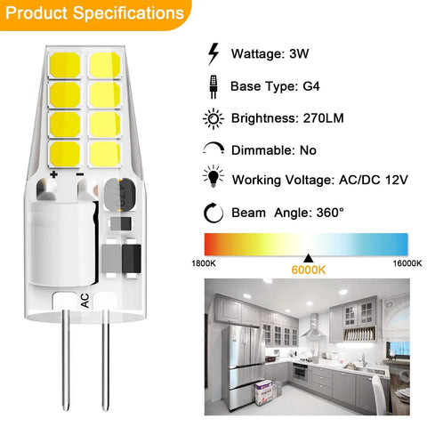 G4 LED Bulb 3W JC Bi-Pin, 12V ACDC Daylight White 6000K with specifications and kitchen lighting example
