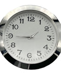 Two And One Eighth Inch Clock Insert With Arabic Numeral Face Alloy Frame In Gold Or Silver Trim Replacement Watchmaking Part For Diy Clock Projects Perfect For Custom Builds And Replacement Parts, shown in silver trim