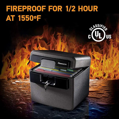 Black Fireproof And Waterproof Safe With Key Lock For Documents And Valuables File Folder Box 14.3 X 15.5 X 13.5 Inches UL Classified